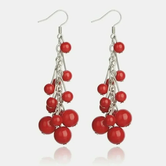 Handmade Red Dyed Mashan Jade Gemstone Beads Silver Plated Dangle Chain Earrings - Picture 1 of 2